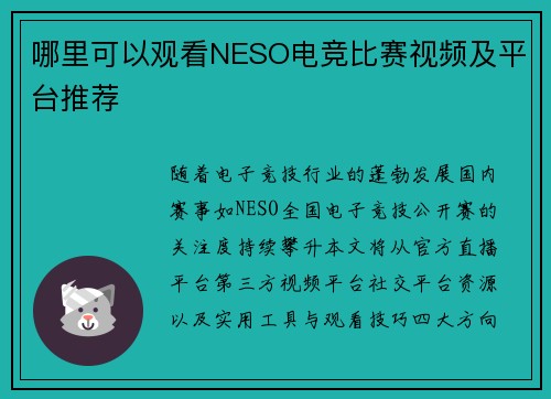哪里可以观看NESO电竞比赛视频及平台推荐